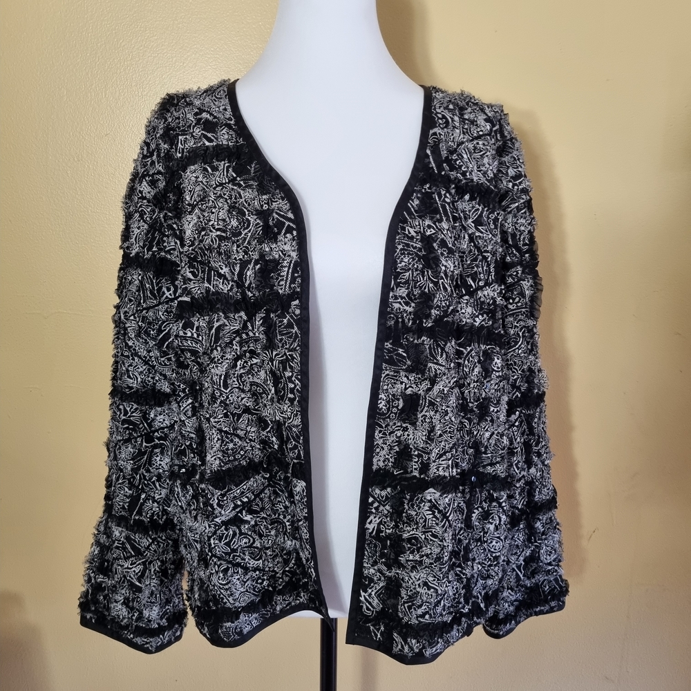 Chico's Crushed Crinkle Textured Open Front Jacket Women's Size 2 Black/white